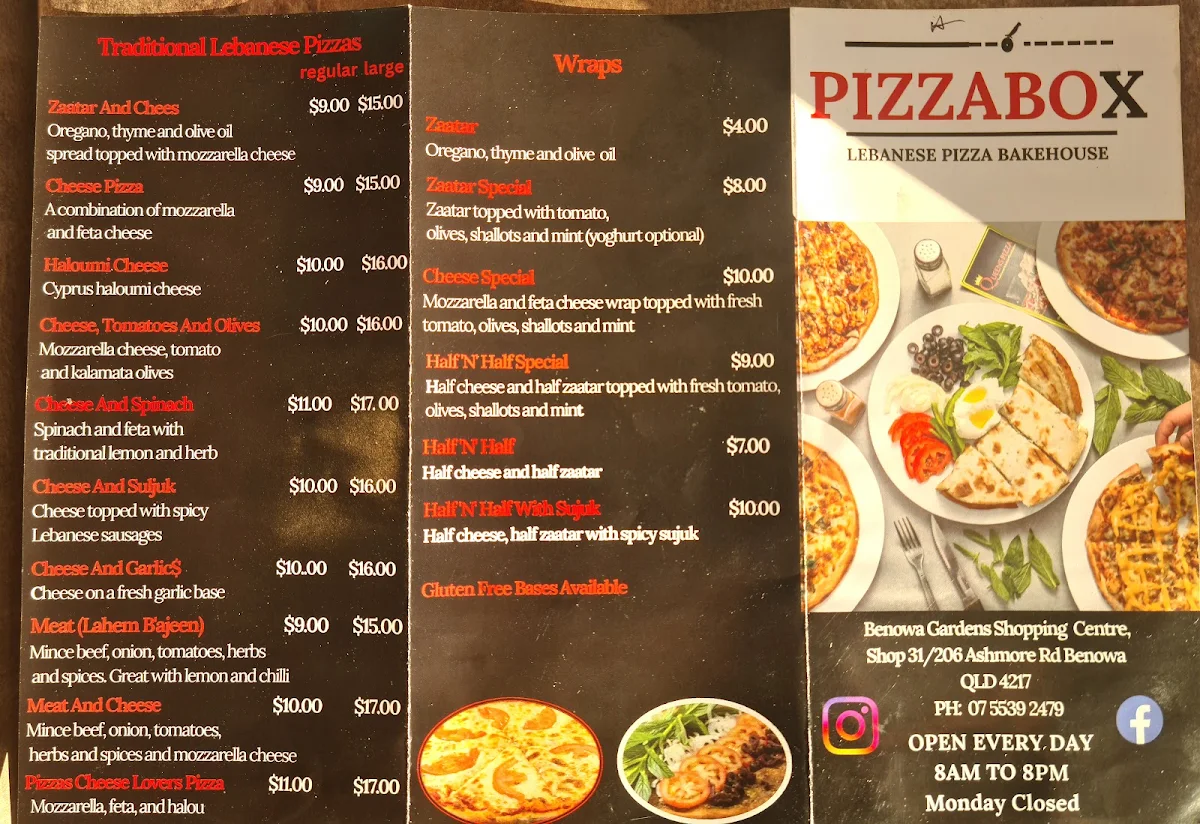 Menu, PizzaBox benowa