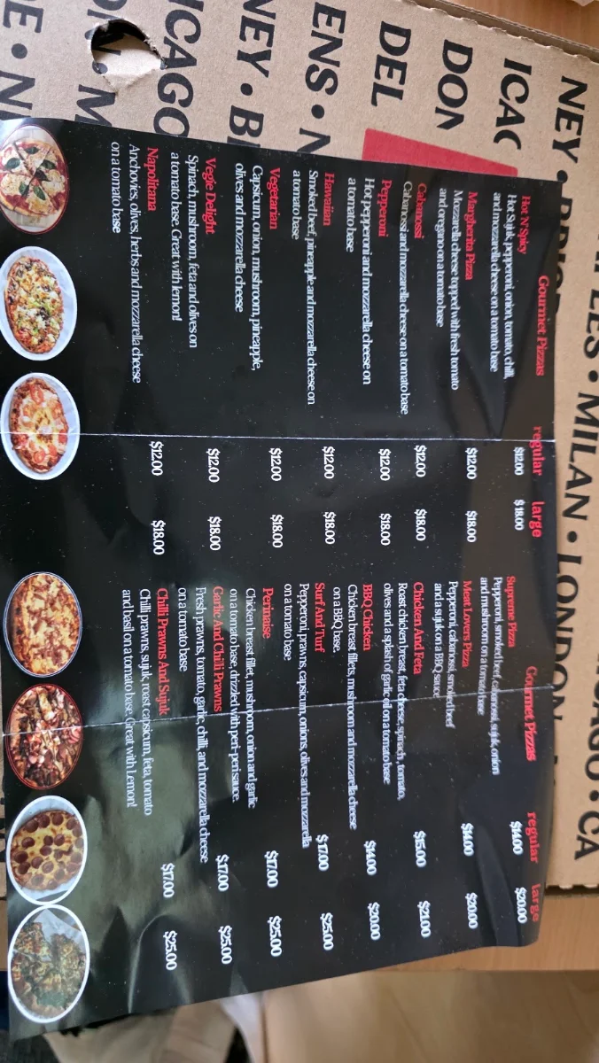 Menu, PizzaBox benowa
