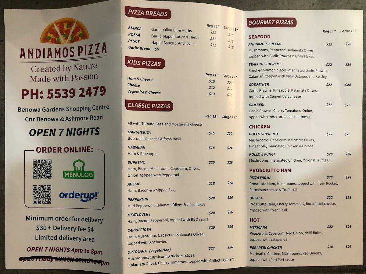 Menu, PizzaBox benowa