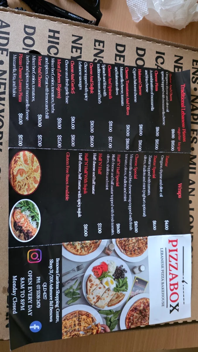Menu, PizzaBox benowa