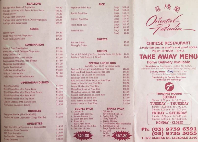 Menu, Oriental Paradise Chinese Restaurant