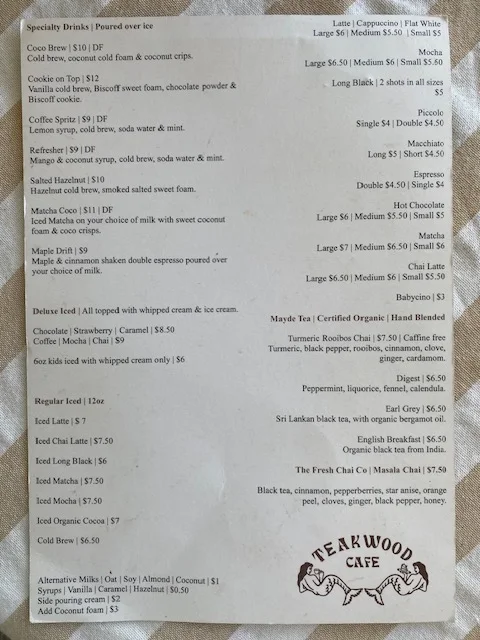 Menu, Teakwood Cafe
