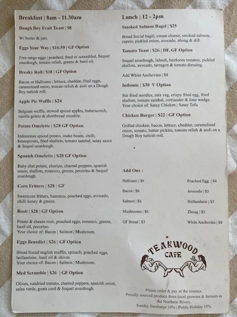 Menu, Teakwood Cafe