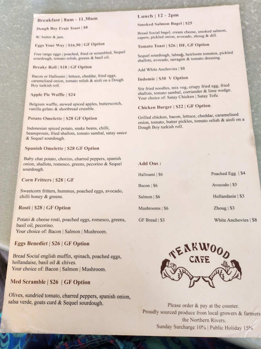 Menu, Teakwood Cafe