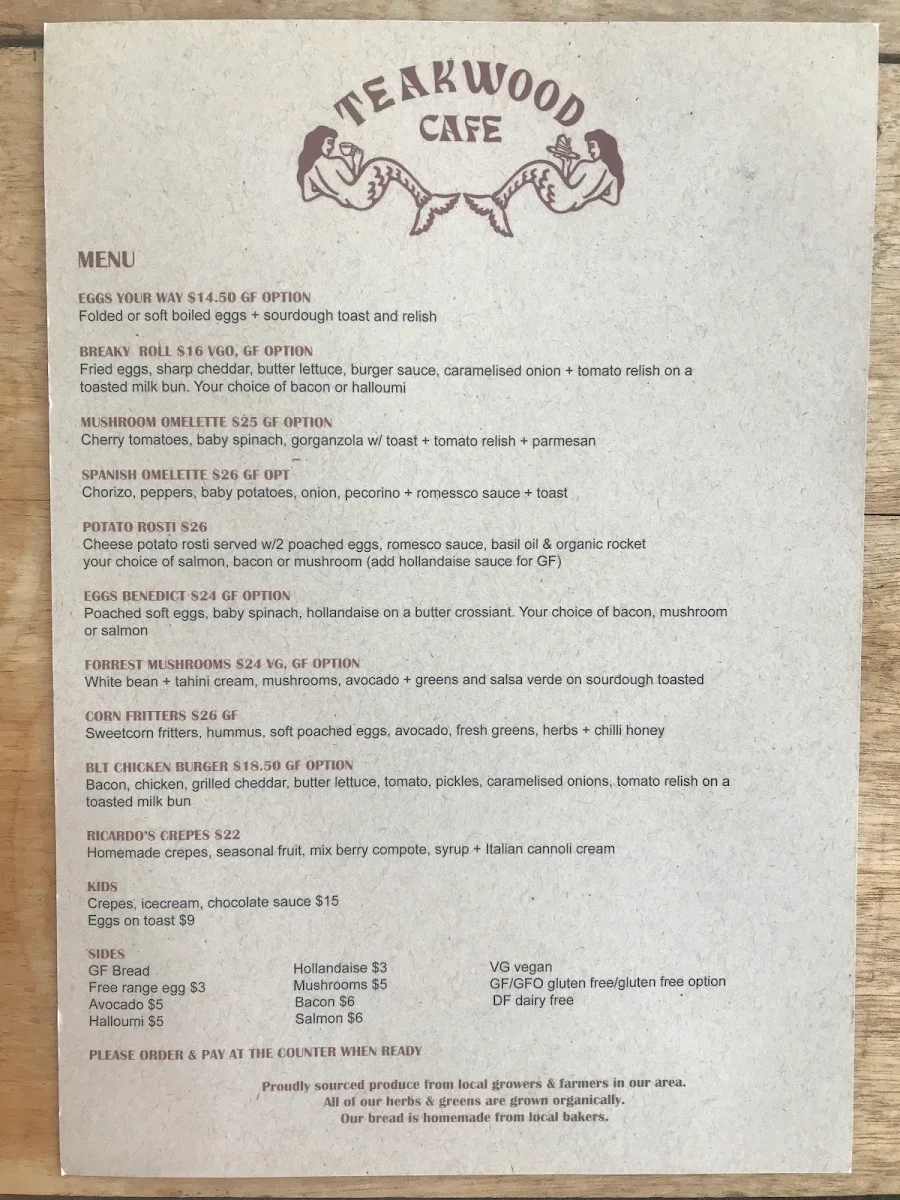 Menu, Teakwood Cafe