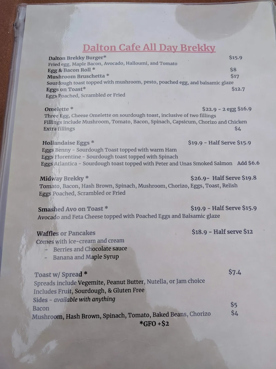 Menu, Dalton Cafe