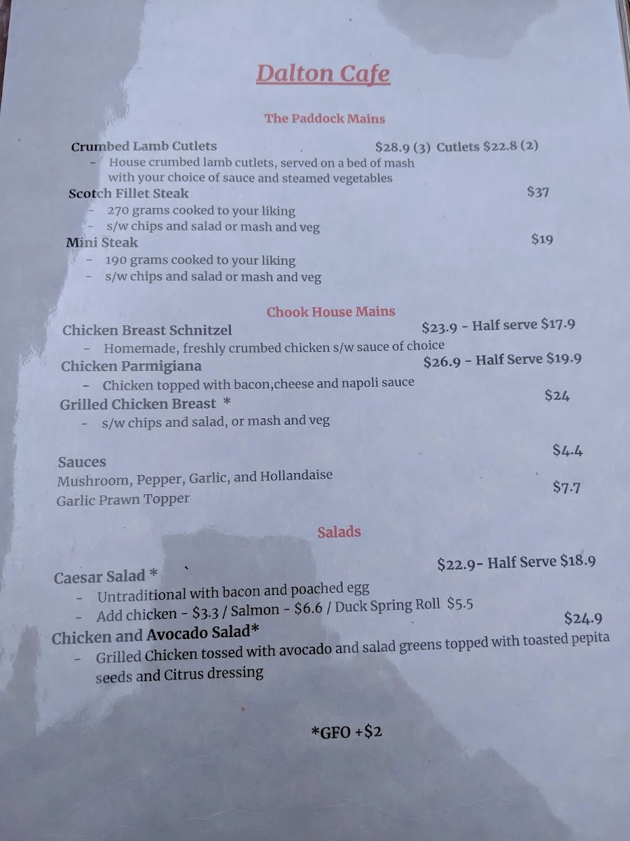 Menu, Dalton Cafe