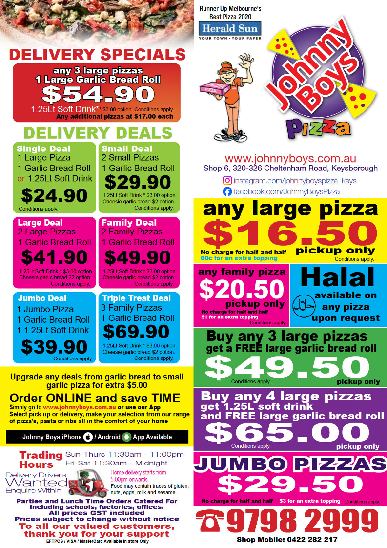 Menu, Johnny Boys Pizza Keysborough