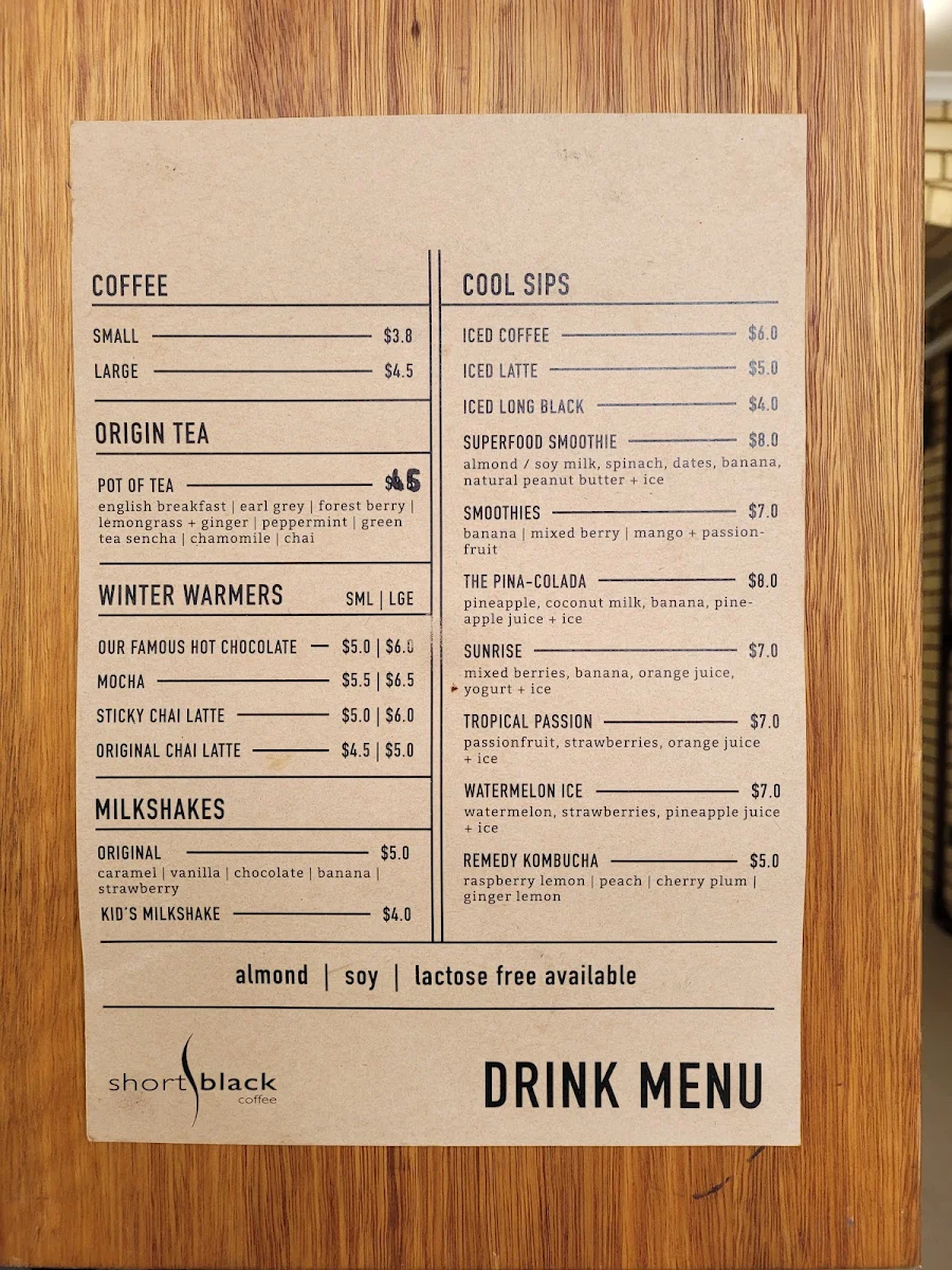 Menu, Short Black Coffee