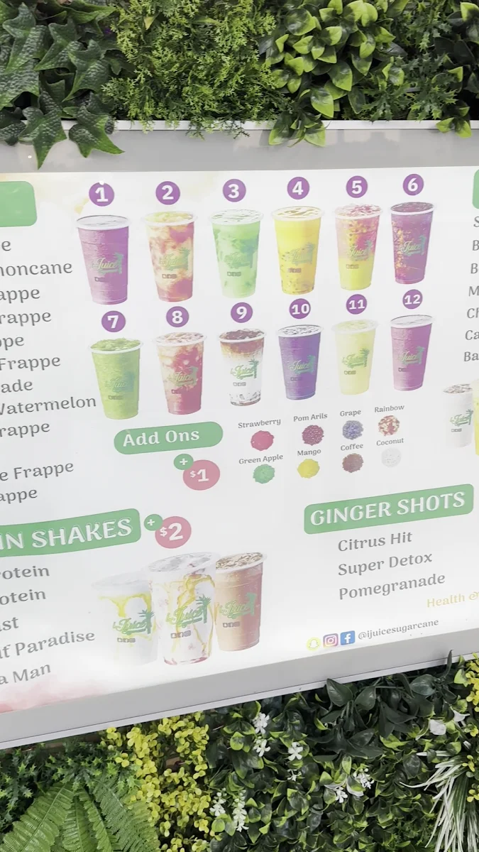 Menu, iJuice Sugarcane Chullora Drive Thru