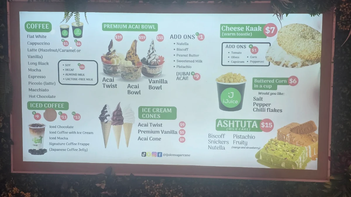 Menu, iJuice Sugarcane Chullora Drive Thru