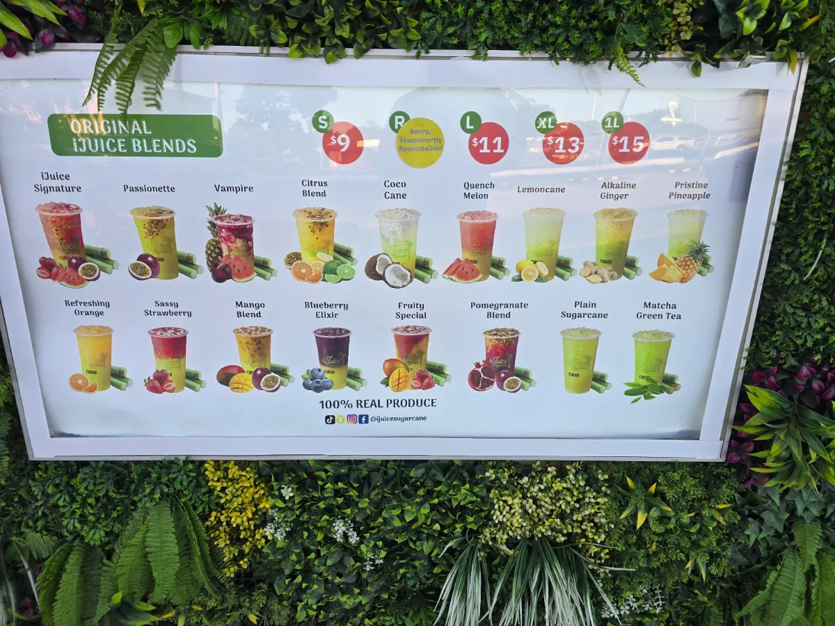Menu, iJuice Sugarcane Chullora Drive Thru