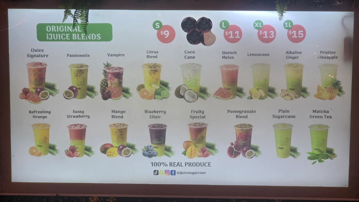 Menu, iJuice Sugarcane Chullora Drive Thru