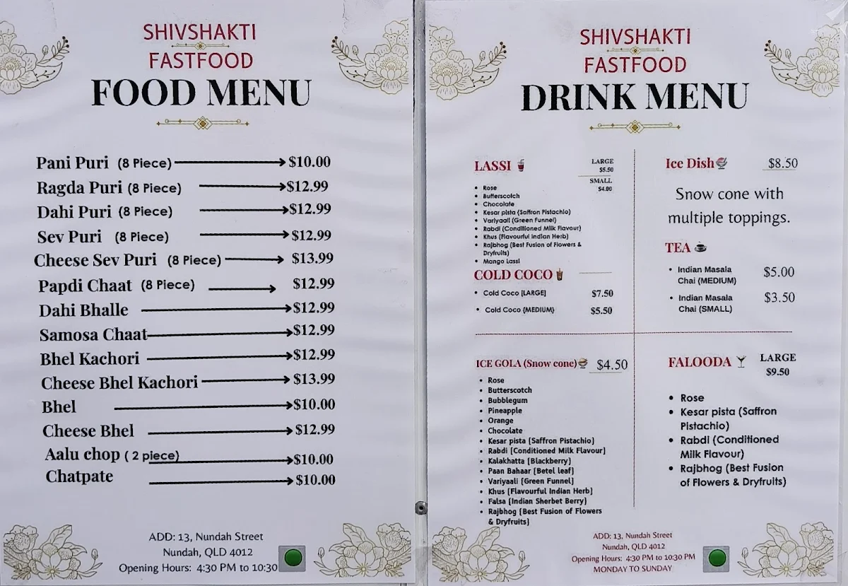 Menu, SHIVSHAKTI FASTFOOD