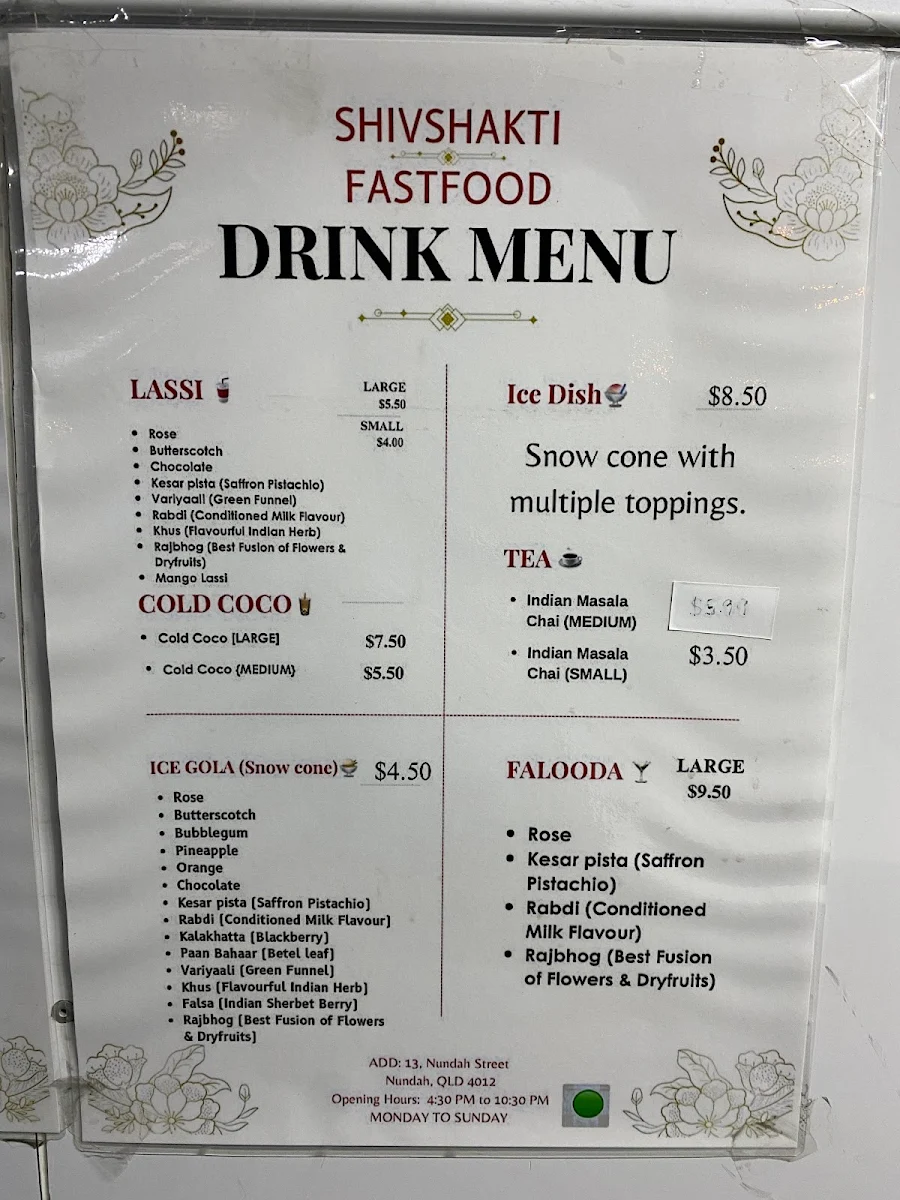Menu, SHIVSHAKTI FASTFOOD