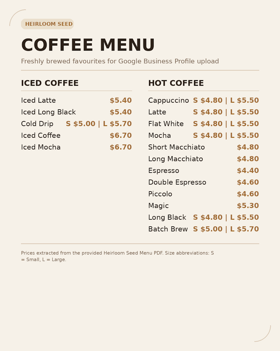 Menu, Heirloom Seed