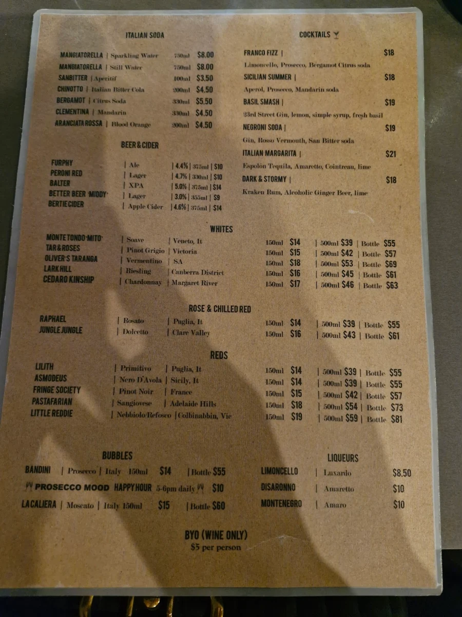 Menu, Francoforte Spaghetti Bar