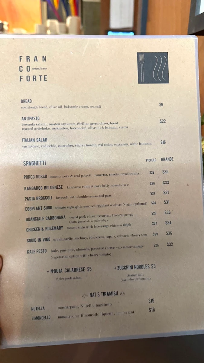 Menu, Francoforte Spaghetti Bar