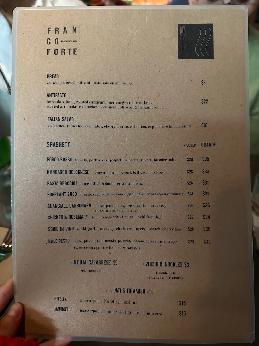 Menu, Francoforte Spaghetti Bar