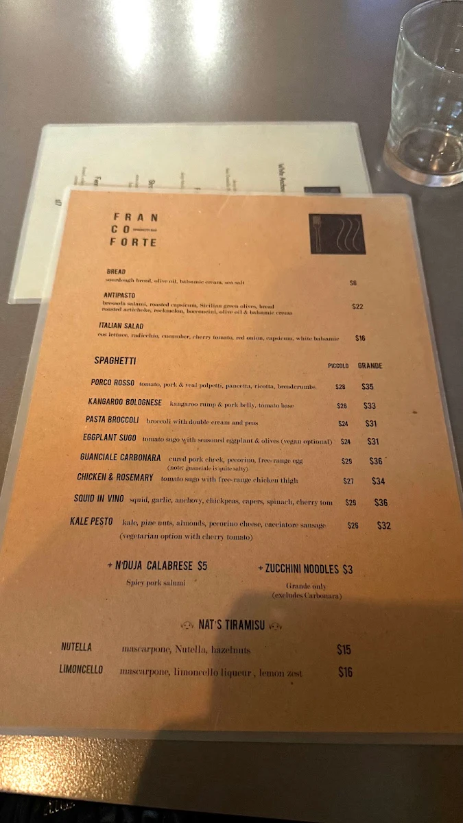 Menu, Francoforte Spaghetti Bar