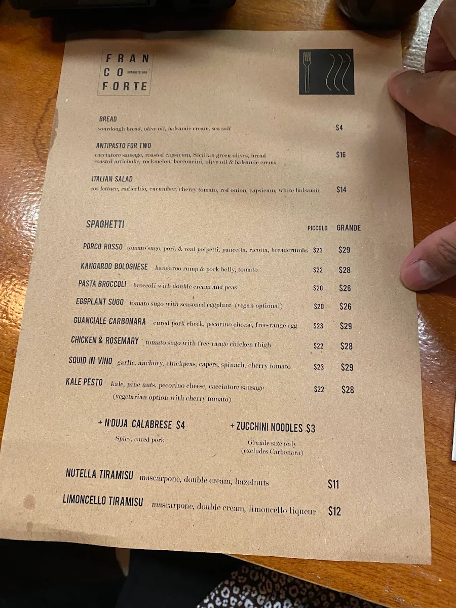 Menu, Francoforte Spaghetti Bar