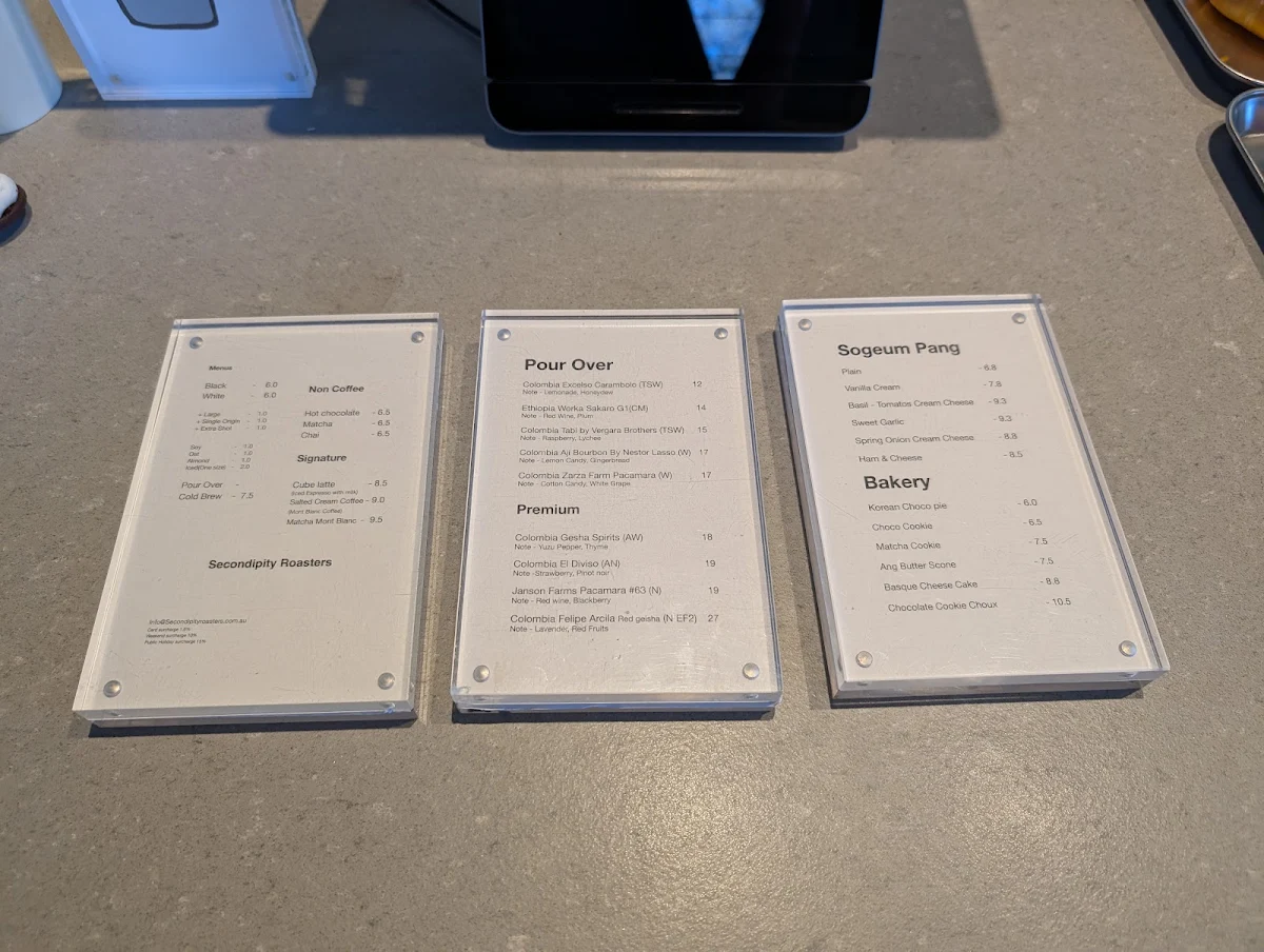 Menu, Secondipity Roasters