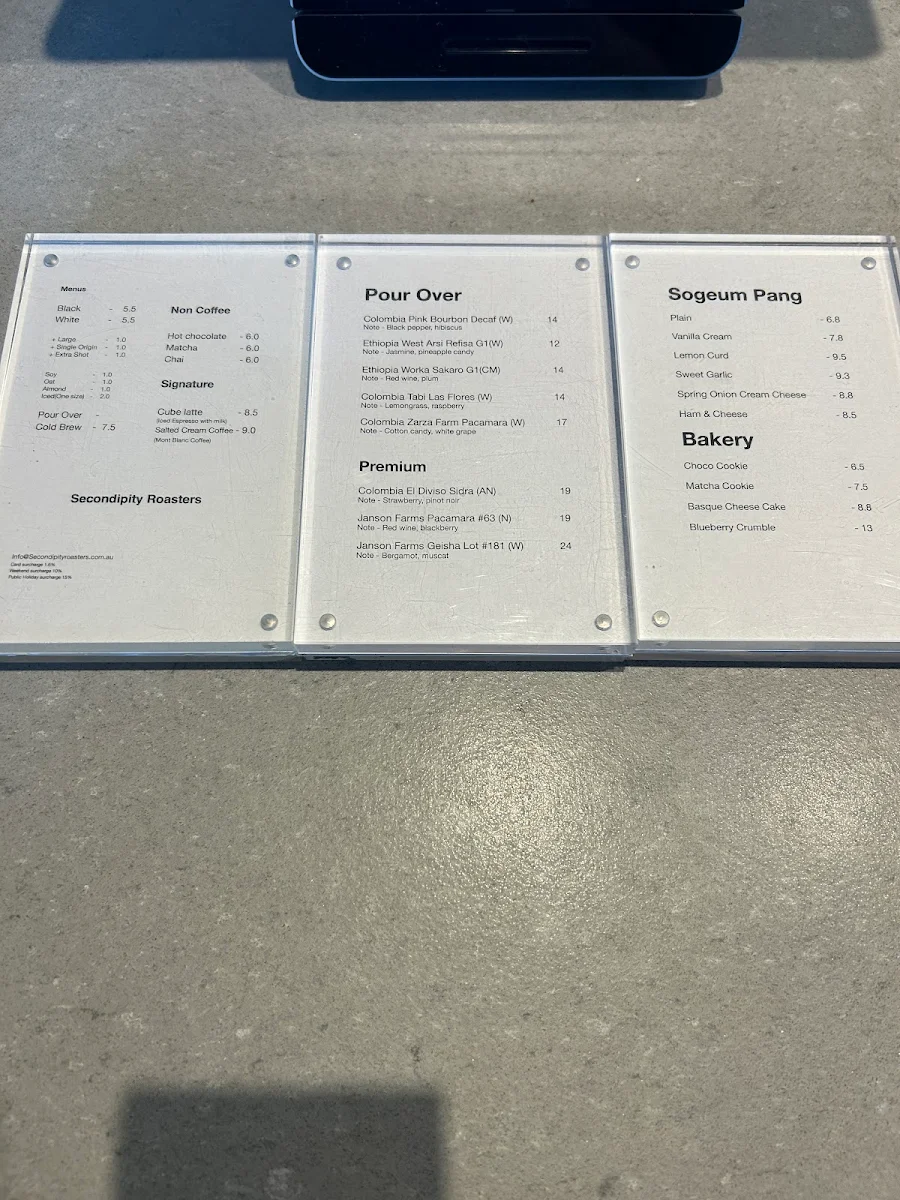 Menu, Secondipity Roasters