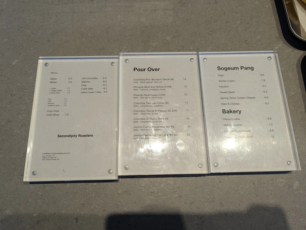 Menu, Secondipity Roasters