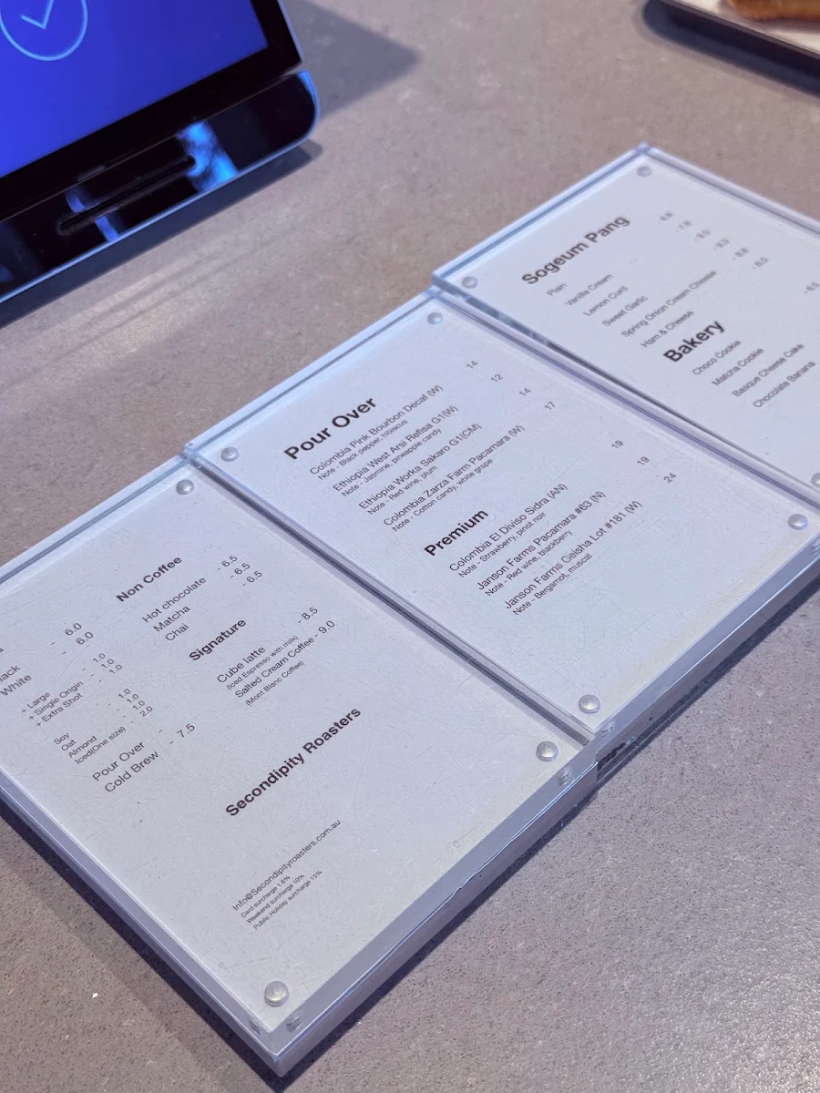Menu, Secondipity Roasters