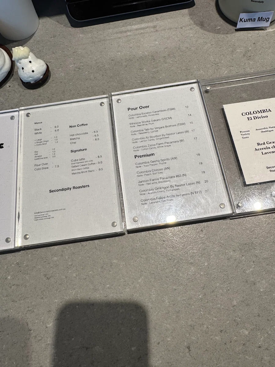 Menu, Secondipity Roasters