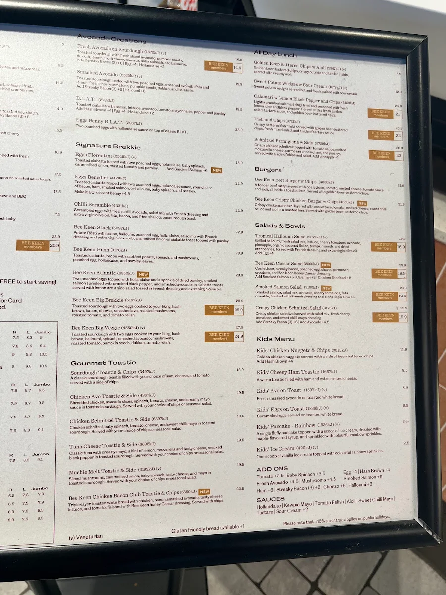 Menu, Bee Keen Cafe Box Hill