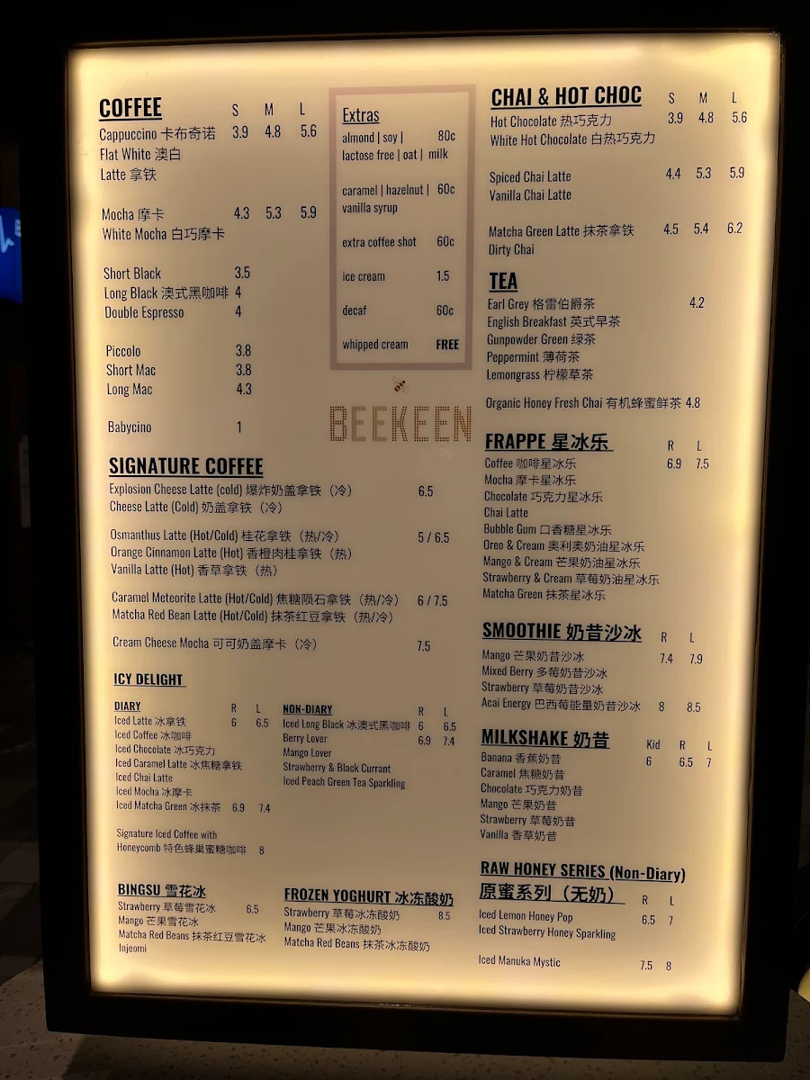 Menu, Bee Keen Cafe Box Hill
