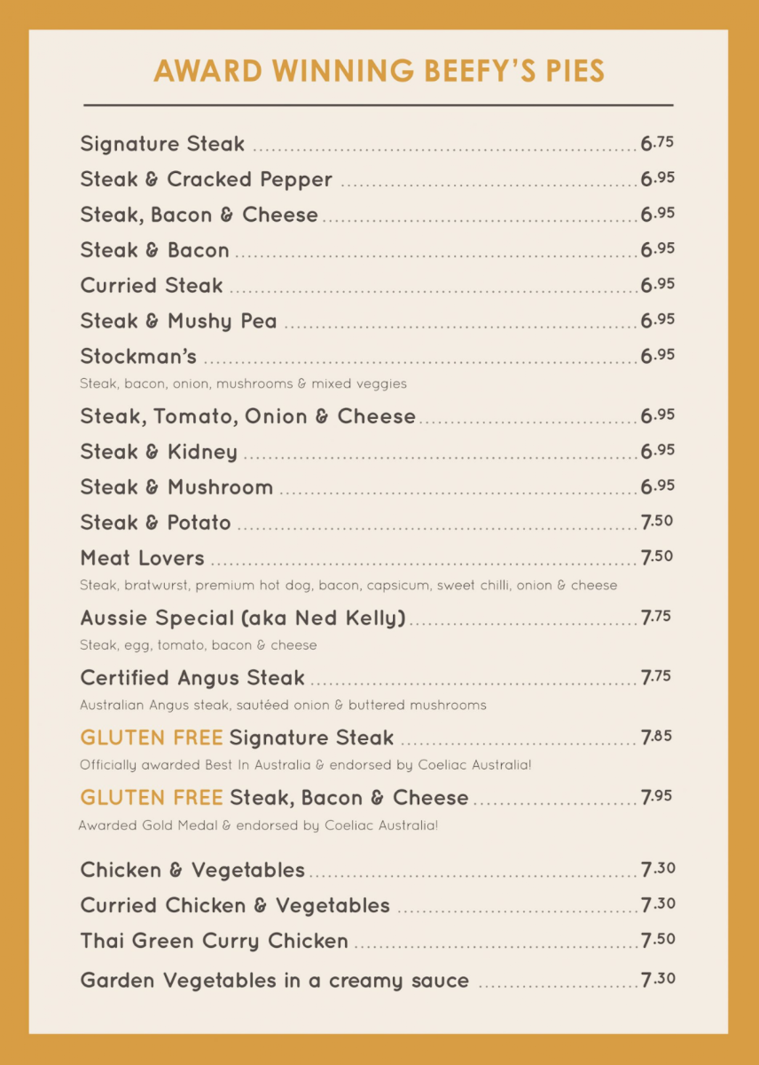 Menu, Beefy's Cannon Hill