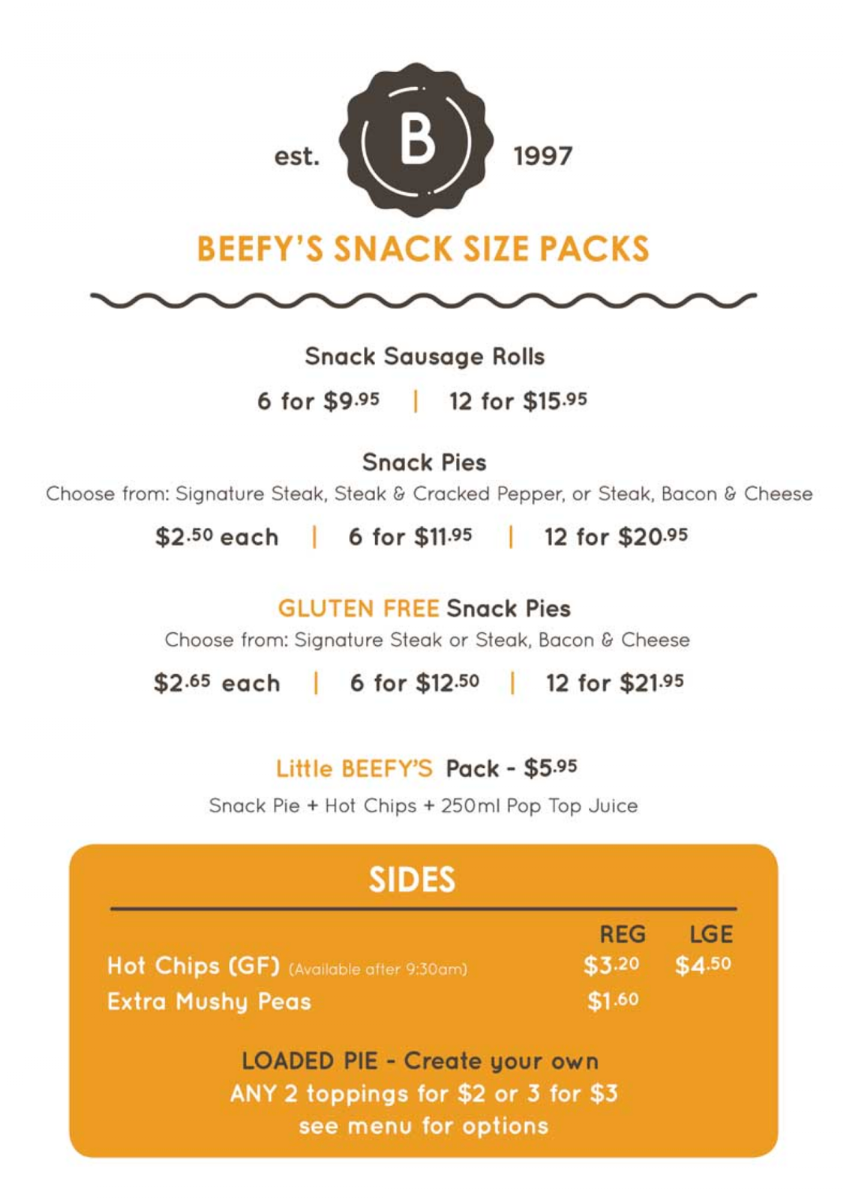 Menu, Beefy's Cannon Hill