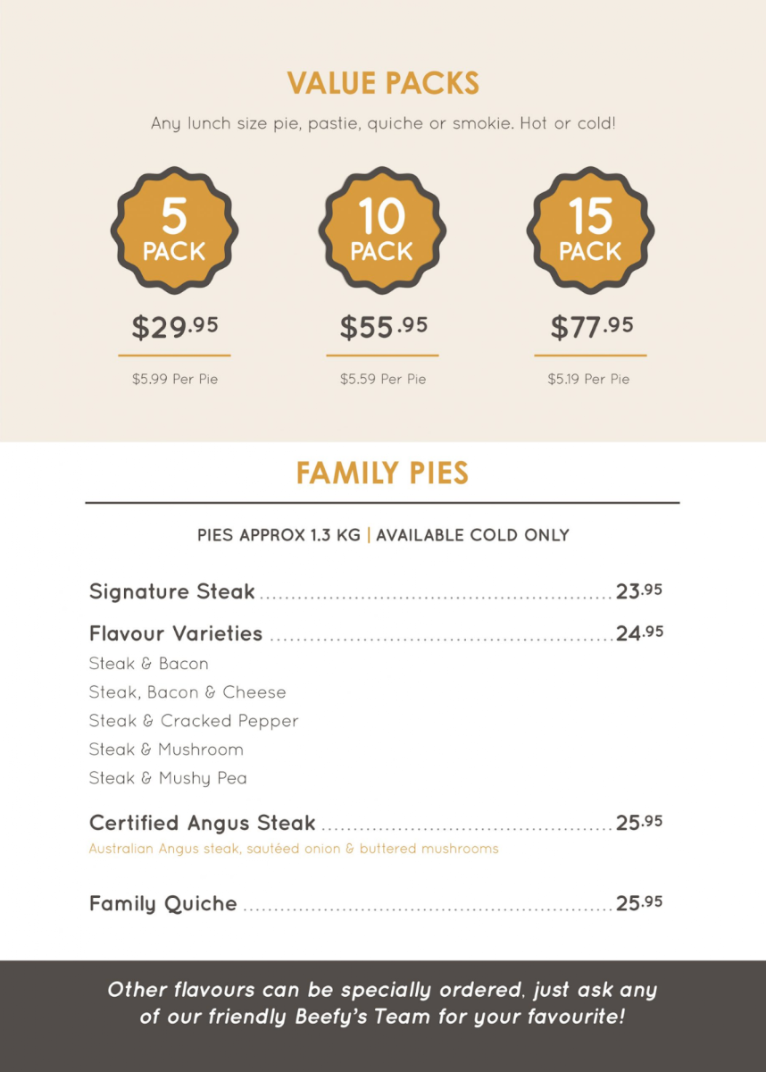 Menu, Beefy's Cannon Hill