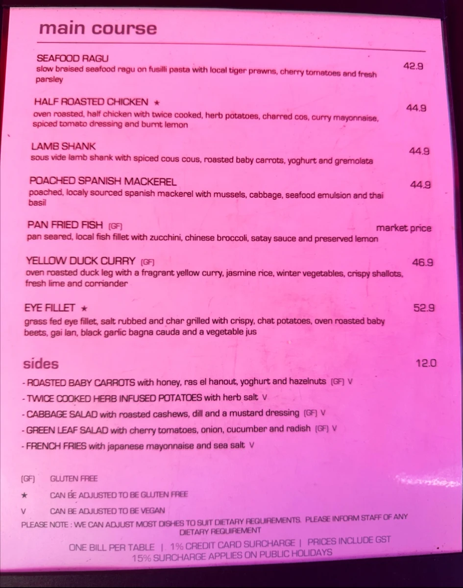 Menu, Watergate Port Douglas