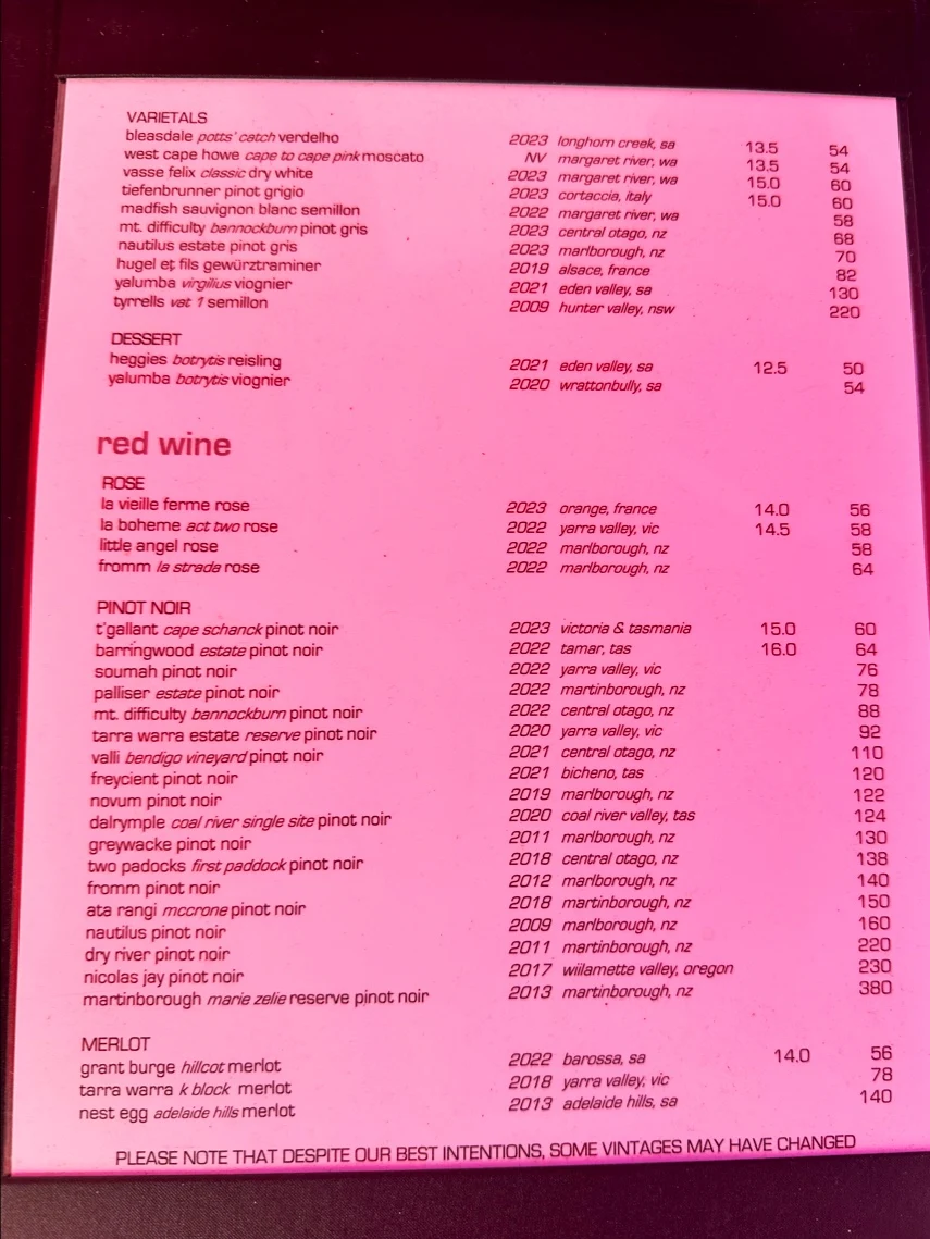 Menu, Watergate Port Douglas