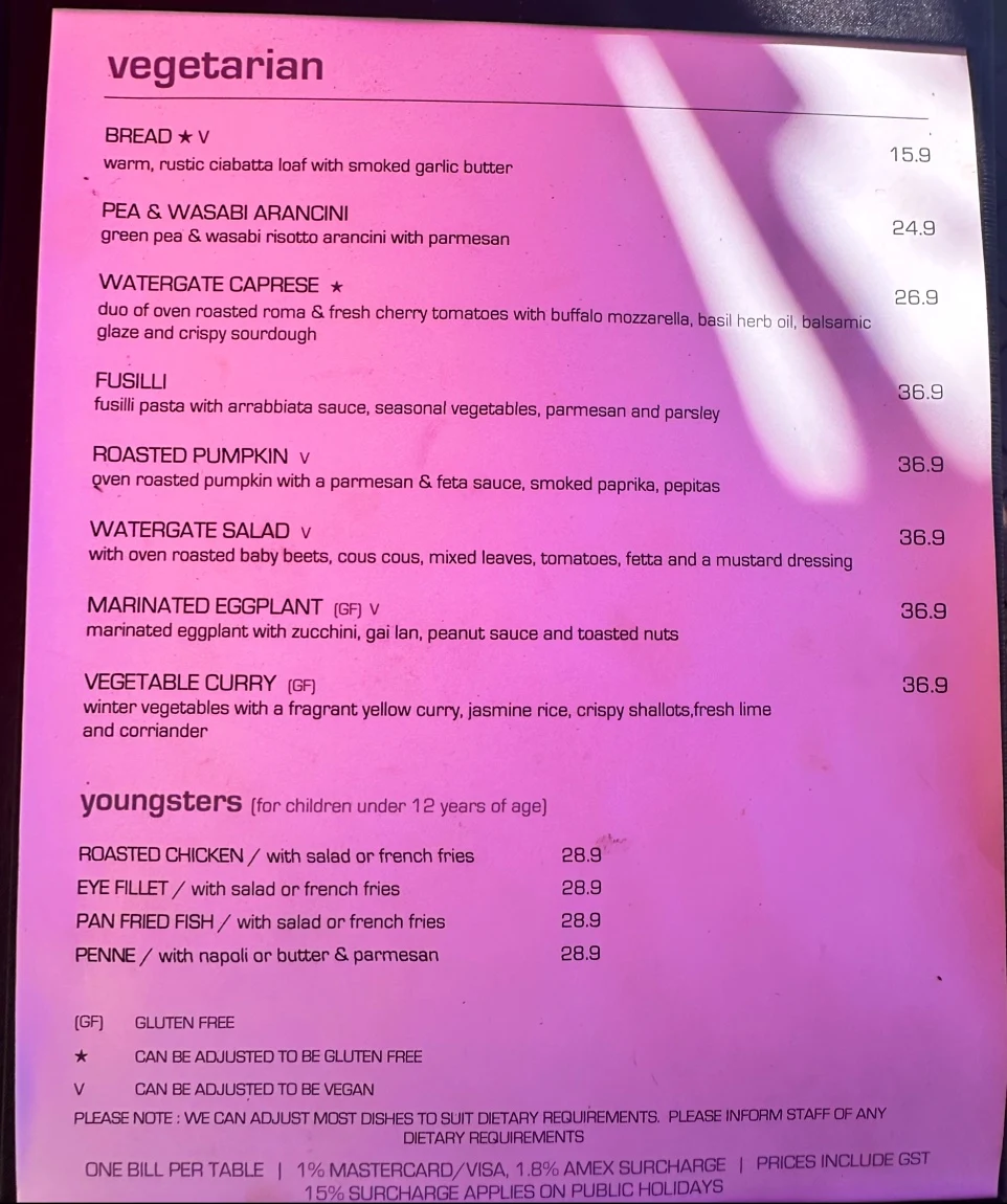 Menu, Watergate Port Douglas