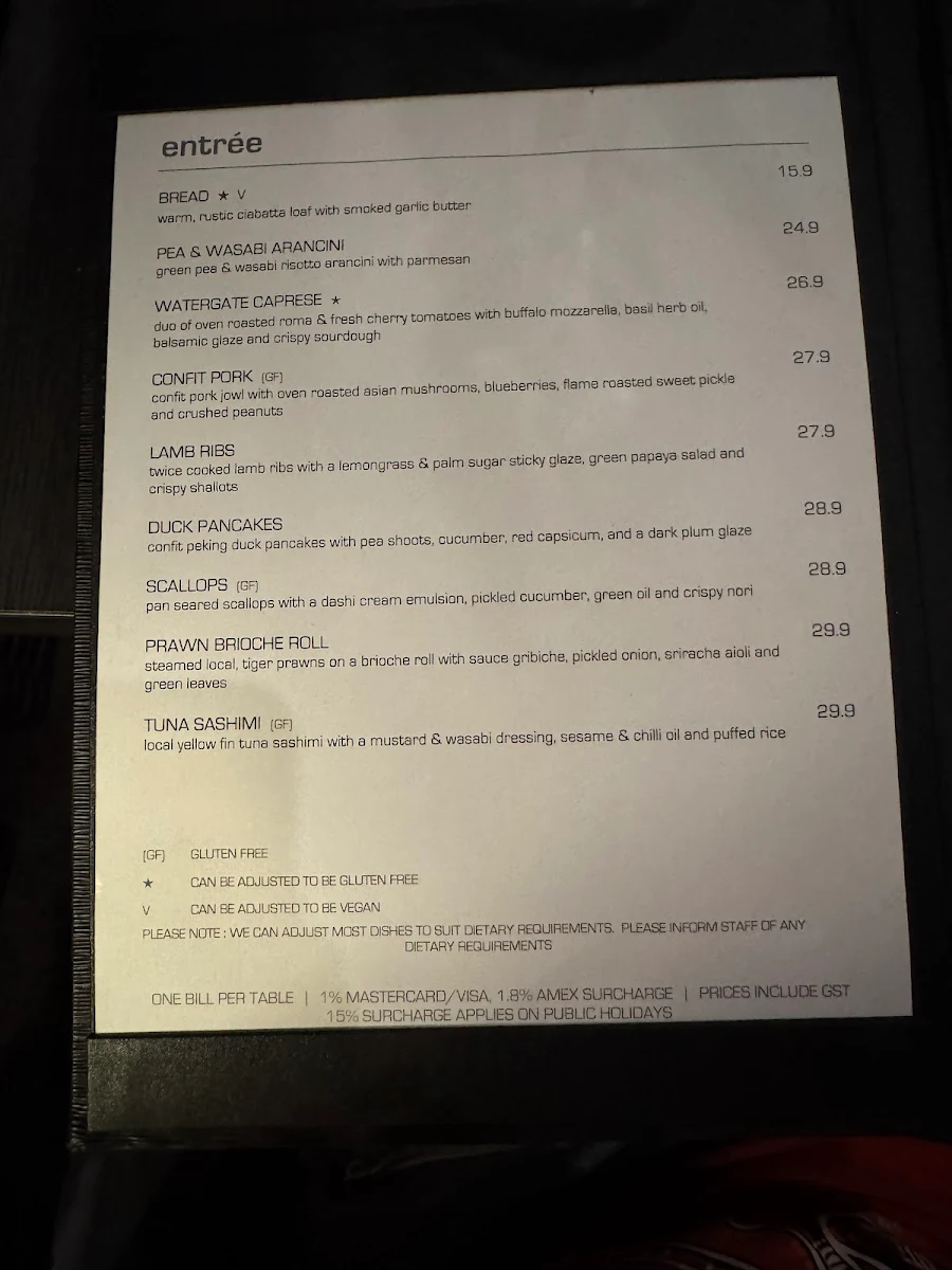 Menu, Watergate Port Douglas