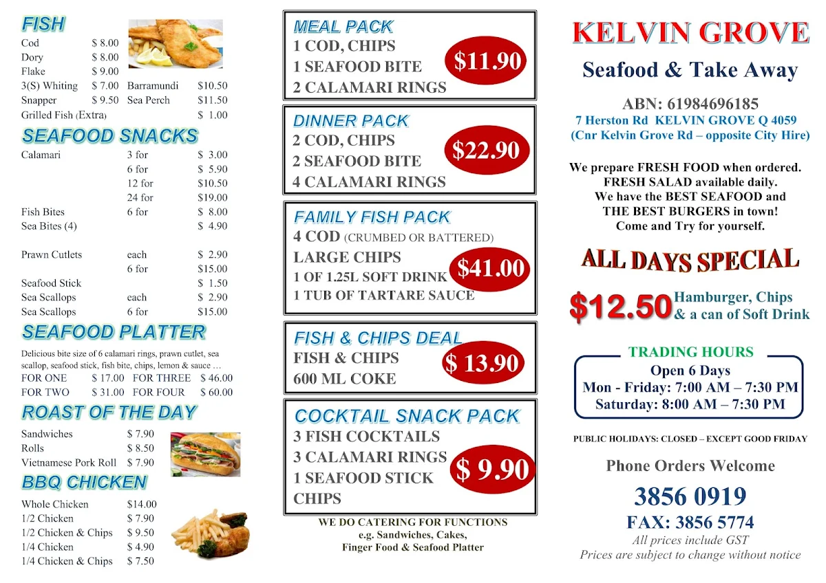 Menu, Kelvin Grove Seafood and Takeaway