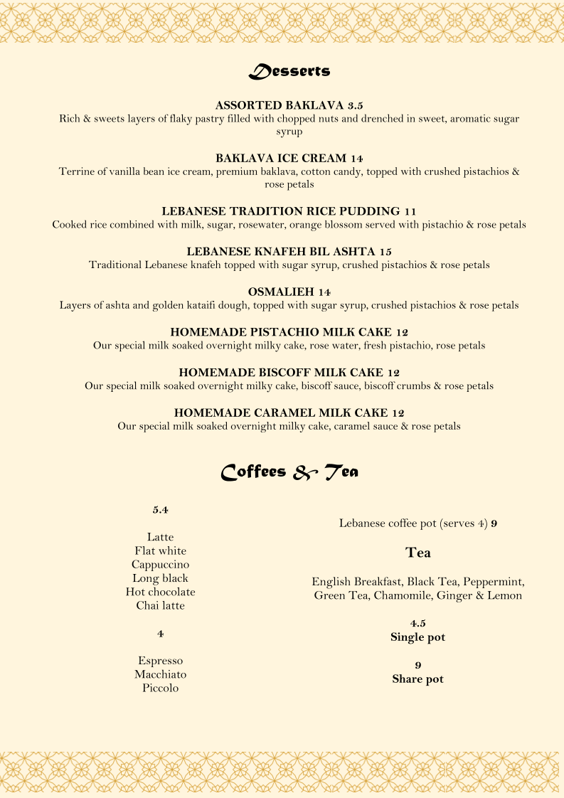 Menu, Mazaj Lebanese Restaurant & Lounge | Hoppers Crossing