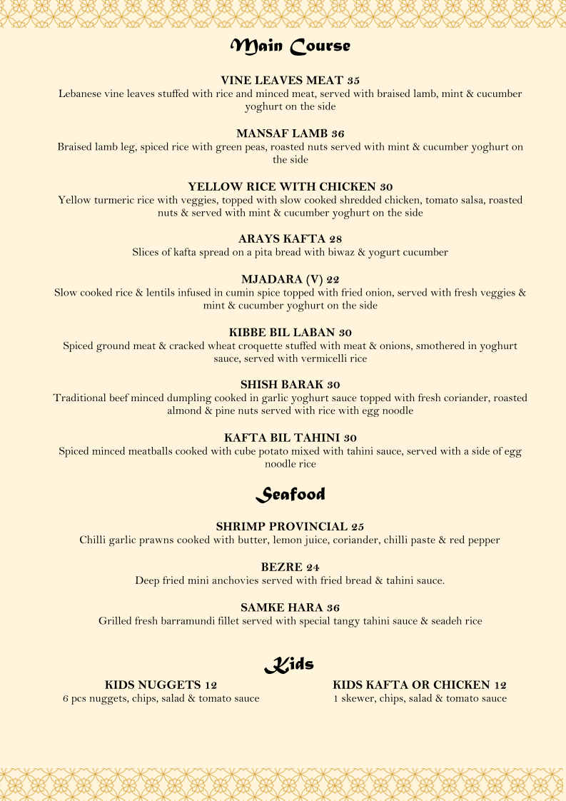 Menu, Mazaj Lebanese Restaurant & Lounge | Hoppers Crossing