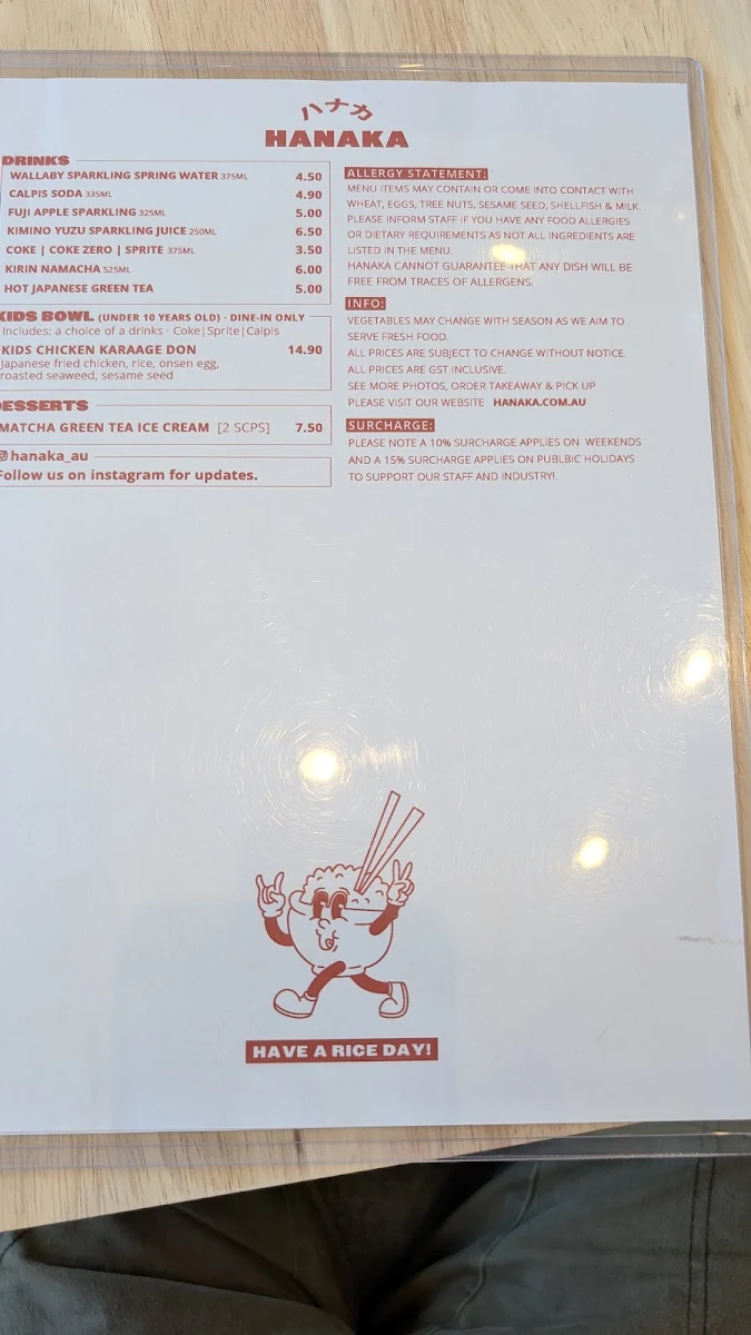 Menu, HANAKA JAPANESE KITCHEN