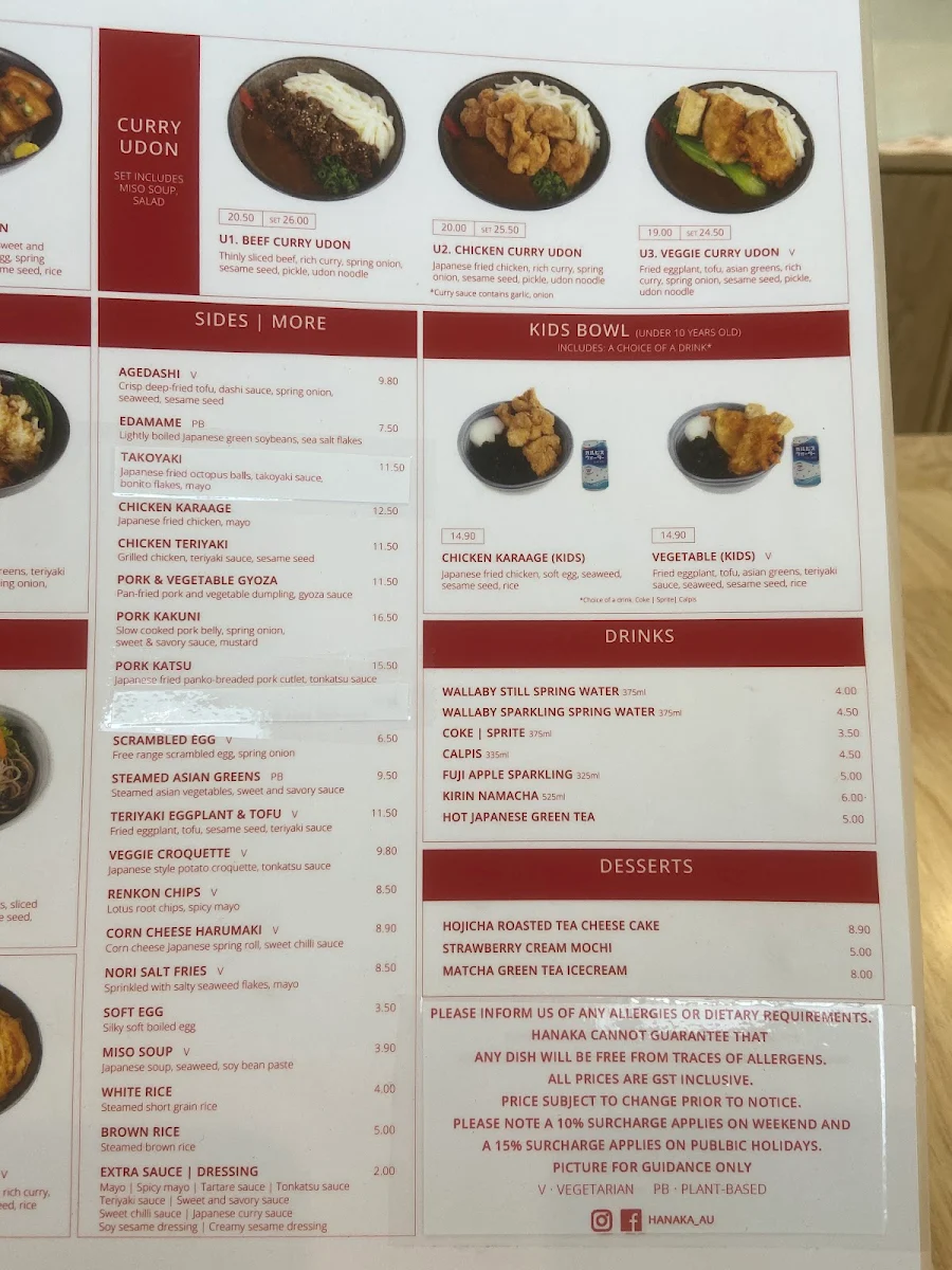 Menu, HANAKA JAPANESE KITCHEN