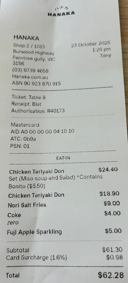 Menu, HANAKA JAPANESE KITCHEN