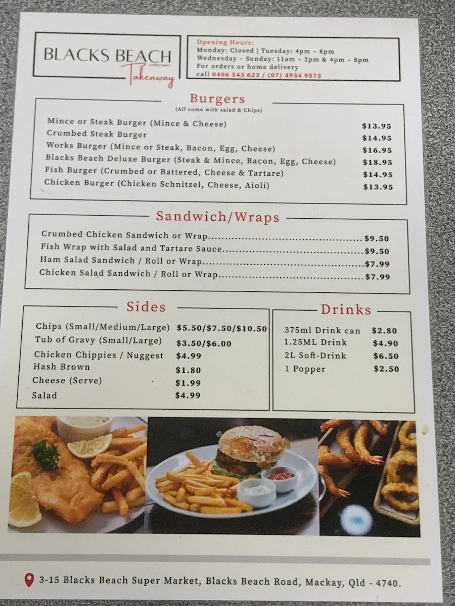 Menu, Blacks Beach Takeaway