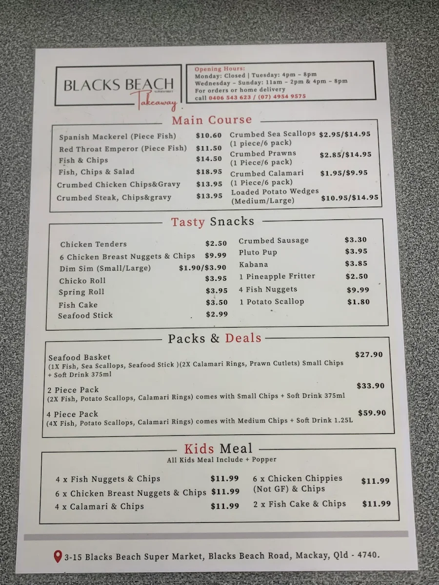 Menu, Blacks Beach Takeaway
