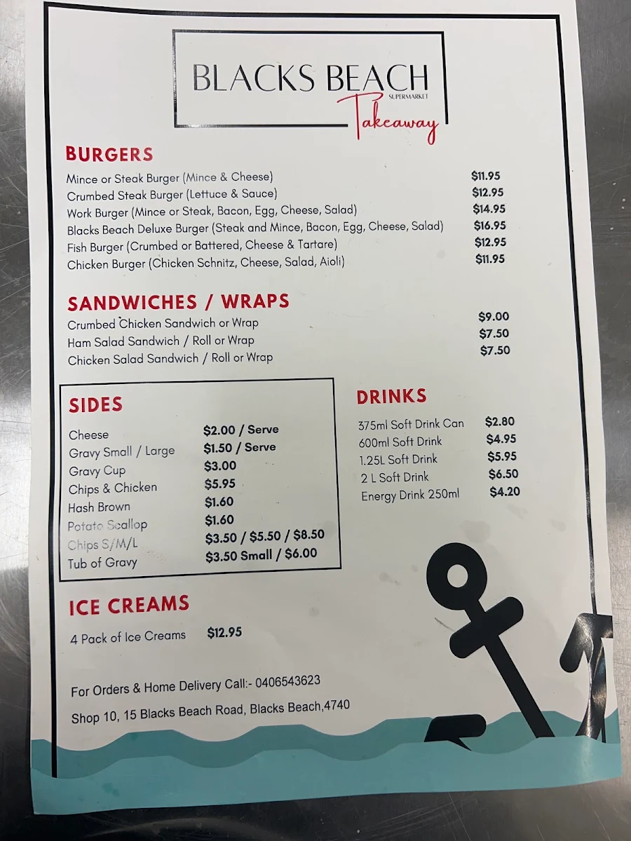 Menu, Blacks Beach Takeaway