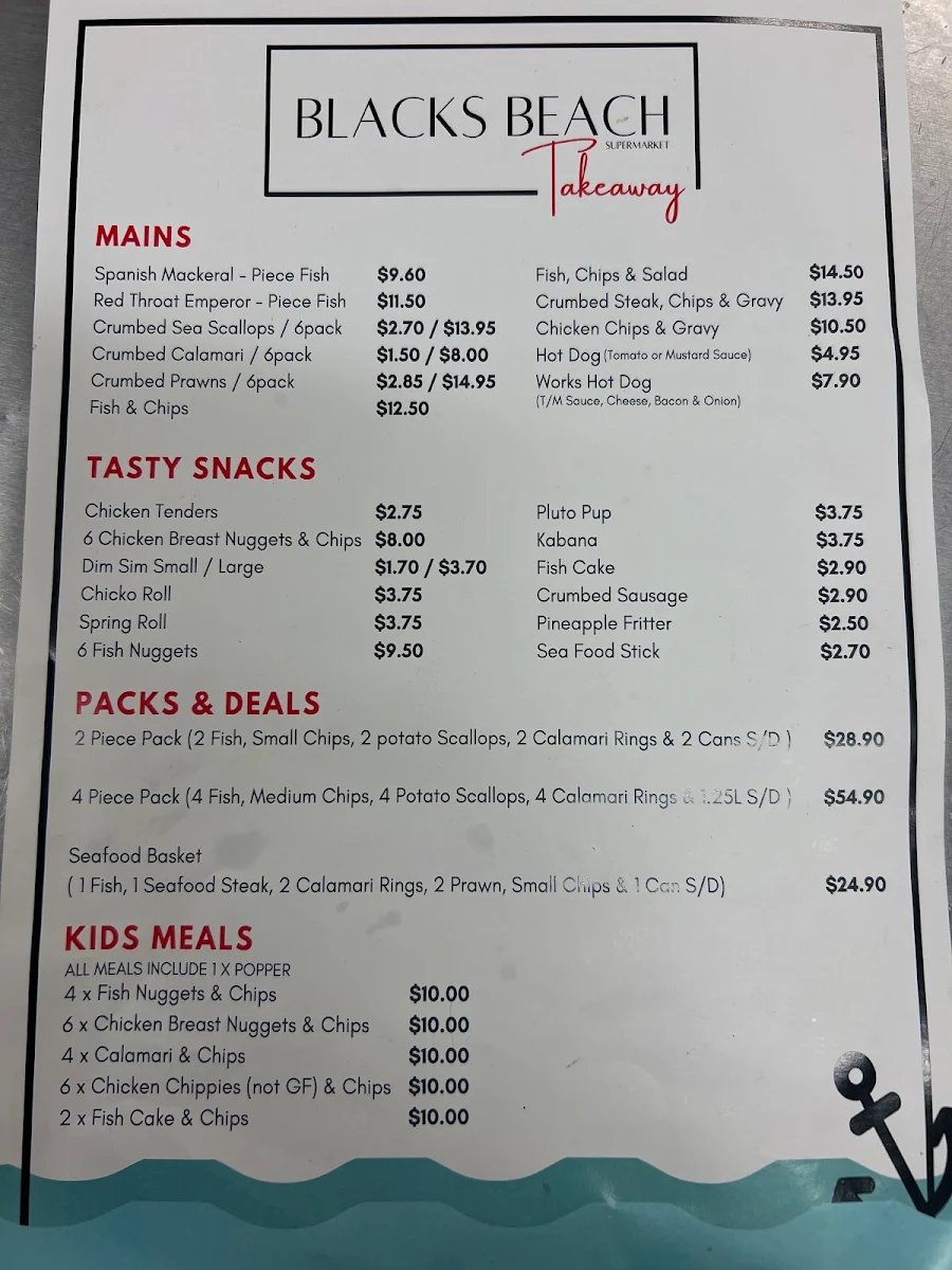 Menu, Blacks Beach Takeaway