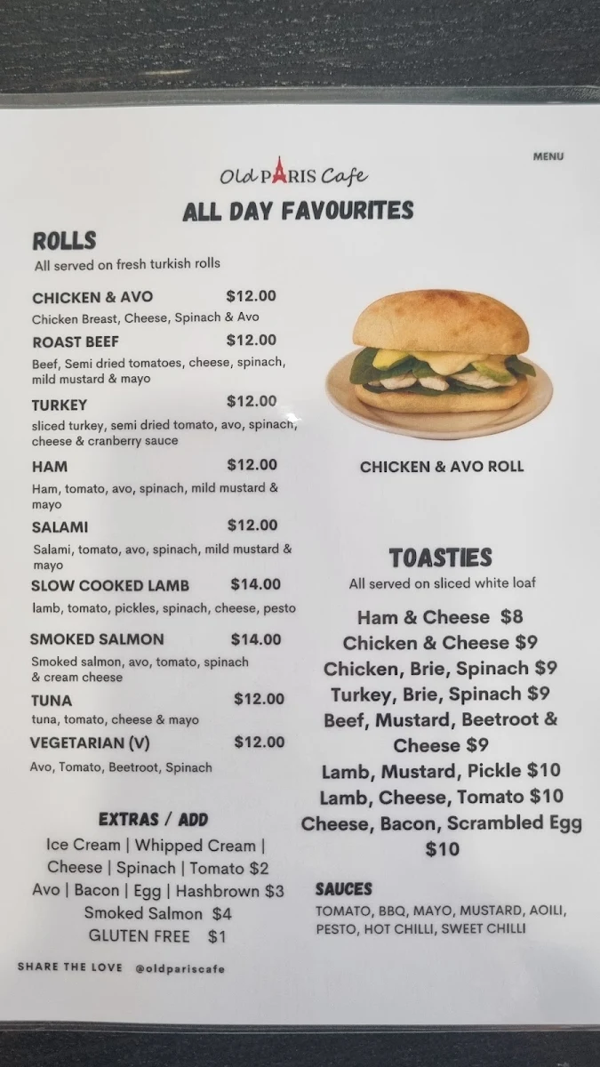 Menu, Old Paris Cafe